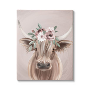 STUPELL INDUSTRIES " Highland Cattle Pink Flower Crown " by Jo Taylor Painting Print
