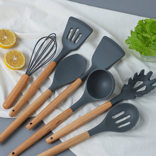 QXXSJ 9Pcs Wooden Handle Silicone Utensils Set, Heat Resistant Non-Stick Spatula, Pasta Server, Slotted Turner, Soup Ladle, Oil Brush, Holder, Cooking Tools, Kitchen Accessories