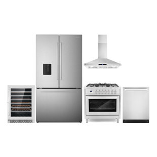 Cosmo 5 Piece Kitchen Appliance Package with French Door Refrigerator , 36'' Dual Fuel Freestanding Range , Built-In Dishwasher , Wall Mount Range Hood , and Wine Refrigerator