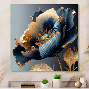 HOUSE OF HAMPTON® Offerman Deep Blue and Gold Single Flower III - Blue Flower Print Art on Metal