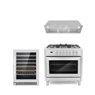 Cosmo 3 Piece Kitchen Appliance Package with 36'' Dual Fuel Freestanding Range , Insert Range Hood , and Wine Refrigerator