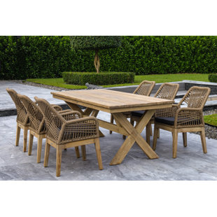 OUTSY Santino 7-Piece Outdoor Dining Set - Wood Table with 6 Wood, Aluminum, and Rope Chairs