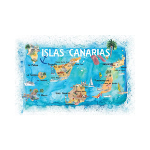 BREAKWATER BAY Canary Islands Illustrated Travel Map with Tenerife, Gran Canary, Lanzarote, Fuerteventura La Palma Gomera and Hierro by Markus & Martina Bleichner - Wrapped Canvas Painting