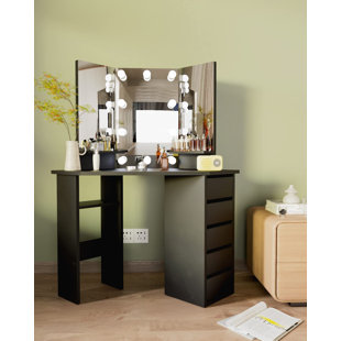 LATITUDE RUN Adest Tri-Fold Mirror Dressing Table with 5 Drawers and 3 Lighting Modes