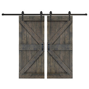 ISLIFE 2 Sets of K Style Solid Wood Smoky Gray Sliding Barn Door with Hardware Kit -Assembly Needed