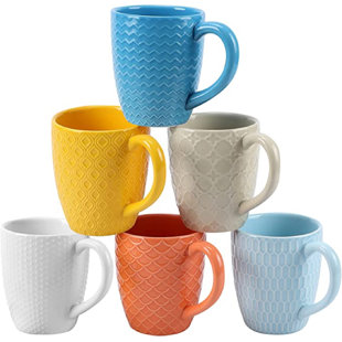 QXXSJ White Ceramic Coffee Mugs Set Of 6, Stylish Embossed Coffee Cups Set With Different Patterns, For Coffee, Tea, Milk, Cocoa, Cereal (11.8 Ounce), For Christmas Gift