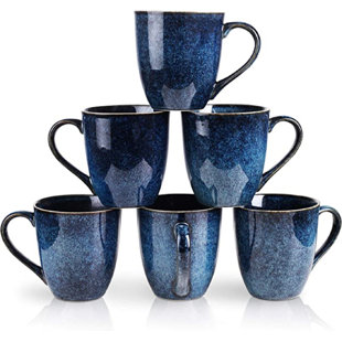 QXXSJ Mug Set, 12 Ounce, Set Of 6, Ceramic Mug For Men, Women, Unique Glazed Mugs With Handle For Coffee, Tea, Milk, Cocoa, Cereal(blue)