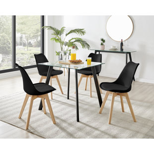 CANORA GREY Scandinavian Style Glass and Metal Leg Square Dining Table Set - 4 Modern Wooden Leg Dining Chairs