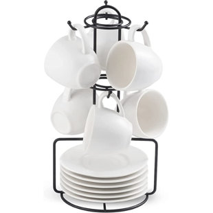 QXXSJ Espresso Cups And Saucers With Metal Stand, Porcelain Demitasse Cups Set For Espresso, Latte, Cafe Mocha, Cappuccino And Tea, 3 Ounce, Set Of 6, White