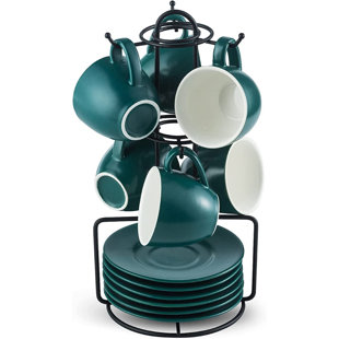 QXXSJ Porcelain Espresso Cups And Saucers Set With Metal Rack, 3 Oz For Single Double Espresso, Latte, Demitasse Cups Set Of 6, Dark Green