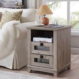 TRENT AUSTIN DESIGN® Rimmer Farmhouse 18"Side Table ，End Table with Charging Station,Rustic Mesh 2 Drawers & Open Storage