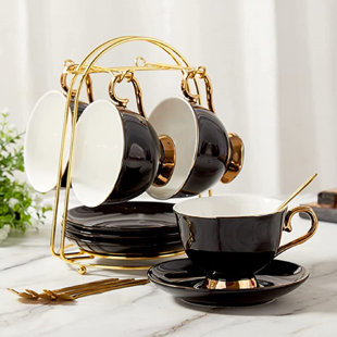 QXXSJ Tea Cups And Saucers Set Of 4 (7.4oz), Luxury Tea Cup Set With Golden Trim, Black Coffee Cups With Metal Stand, British Porcelain Tea Party Set - Black
