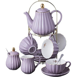 QXXSJ Fine China Pink Coffee Cup/teacup Set, 7 Oz Cups & Saucer Service For 4, With Teapot-sugar Bowl-cream Pitcher Teaspoons And Tea Strainer For Tea/coffee, 17-pieces (tw Full Set)