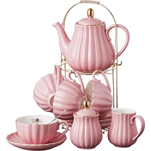 QXXSJ Fine China Pink Coffee Cup/teacup Set, 7 Oz Cups& Saucer Service For 4, With Teapot-sugar Bowl-cream Pitcher Teaspoons And Tea Strainer For Tea/coffee, 17-pieces (tw Full Set)