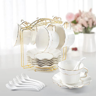 QXXSJ Tea Cups And Saucers Set Of 6 (8.5 Oz), Luxury Tea Cup Set With Golden Trim, Relief Printing Coffee Cups With Metal Stand, British Royal Porcelain Tea Party Set - White