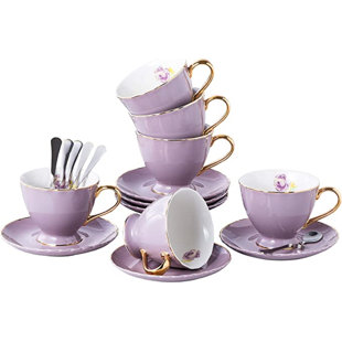 QXXSJ Porcelain Tea Cup And Saucer Coffee Cup Set With Saucer And Spoon Set Of 6 (fd-tcs02 Pink (6), 7oz)