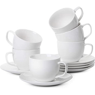 QXXSJ Cups And Saucers, Set Of 6 (8 Oz), Cappuccino Cups, Coffee Cups, White Tea Cup Set, British Coffee Cups, Porcelain Tea Set, Latte Cups, Espresso Mug, White Cups