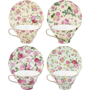QXXSJ China By Coastline Imports Rose Chintz 8-ounce Porcelain Tea Cup And Saucer, Set Of 4