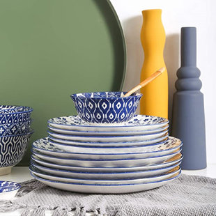 QXXSJ 10 Inch Porcelain Dinner Plates, Large Size Serving Plate For Salad, Pancakes, Steak, Set Of 6, Vintage Blue