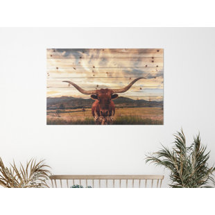 GALLERY 57 "Longhorn Cow in Field" Photograph Print on Planked Wood Wall Art