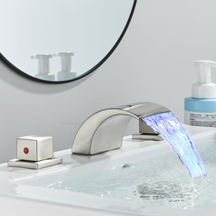 ALENARTWATER Bathroom Basin Sink Brass Faucet 3 Holes Two Handles Deck Mount Mixer Tap Full Copper Waterfall LED Temperature Control Basin Faucet Bathtub Hot And Cold Split Three-Piece