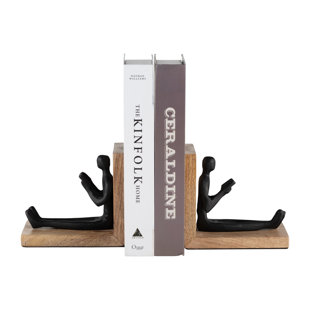 MILLWOOD PINES Reading Man Bookends 6" Wooden and Aluminum Black and Brown Decorative Bookends (Set of 2)