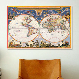 FLEUR DE LIS LIVING Antique World Map - Nova Et Accuratissima Totius Terrarum Orbis Tabula (Blaeu, Joan 1664) Graphic Art on Canvas
