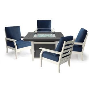 LuXeo Park City 42" Square Two-Tone Fire Pit Table with 4 Aspen Deep Seating Chairs
