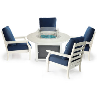 LuXeo Vail 48" Round Two-Tone Fire Pit Table with 4 Aspen Deep Seating Chairs
