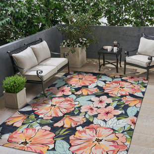 DECOMALL Floral Design Outdoor Rug Pink/Black