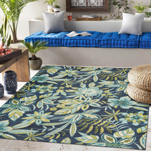 DECOMALL Floral Design Performance Outdoor Rug Blue/Green