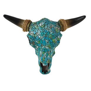 DE LEON COLLECTIONS Mosaic Turquoise Tile Western Cow Bull Skull with Black Horn & Hemp Rope Accent Hanging Wall Décor