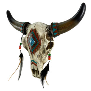 DE LEON COLLECTIONS Southwest Tribal Bull Cow Skull with Feathers, Beads & Faux Turquoise Stone Hanging Wall Décor