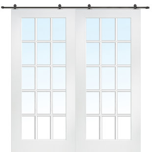VERONA HOME DESIGN Glass Manufactured Wood Primed Barn Door with Installation Hardware Kit