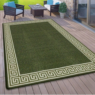 CANORA GREY Plain Rug with Greek key Bordered Gel backed Rug Amyiah Green/Cream Rug