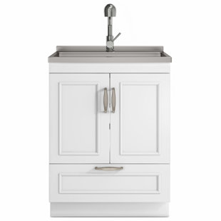 SIMPLI HOME Cardinal Transitional 28 inch Laundry Cabinet with Faucet and Stainless Steel Sink in White