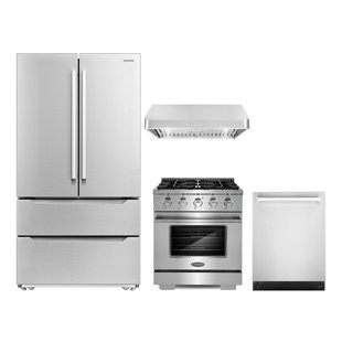 COSMO 4 PC Kitchen Set with 30" Dual Fuel Range 30" Island Range Hood 24" Dishwasher & Refrigerator