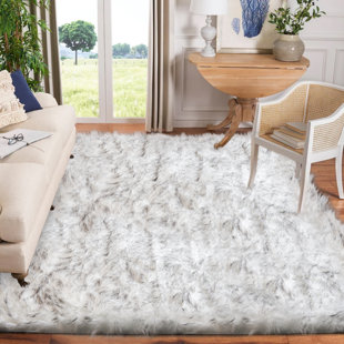 EVERLY QUINN Haja Shag Faux Sheepskin Fur White Fluffy Area Rug with Gray Tips