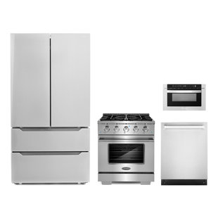 Cosmo 4 Piece Kitchen Appliance Package with French Door Refrigerator , 30'' Gas Freestanding Range , Built-In Dishwasher , and Microwave Drawer