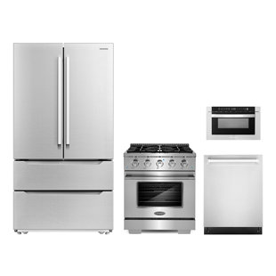 Cosmo 4 Piece Kitchen Appliance Package with French Door Refrigerator , 30'' Gas Freestanding Range , Built-In Dishwasher , and Microwave Drawer