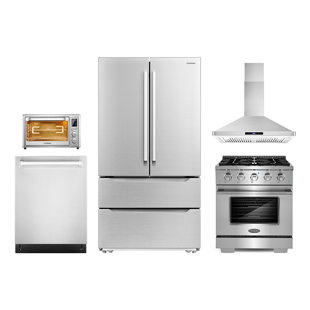 COSMO 5 Piece Kitchen Package with 30" Freestanding Gas Range 30" Wall Mount Range Hood 24" Built-in Fully Integrated Dishwasher, French Door Refrigerator & 20" Electric Air Fryer Toaster Oven