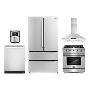 COSMO 5 Piece Kitchen Package with 30" Freestanding Gas Range 30" Wall Mount Range Hood 24" Built-in Fully Integrated Dishwasher, French Door Refrigerator & 5.5L Electric Hot Air Fryer