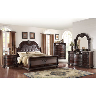 CANORA GREY Komsa Cherry Brown Upholstered Sleigh Bedroom Set Special 4 Bed Dresser Mirror Nightstand