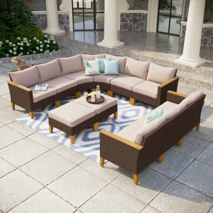 ALPHAMARTS 11 Piece Wicker Outdoor Patio Furniture Set, Stylish Rattan Sectional Patio Set with Beige Cushions