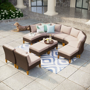 ALPHAMARTS 11 Piece Wicker Outdoor Patio Furniture Set, Stylish Rattan Sectional Patio Set with Beige Cushions
