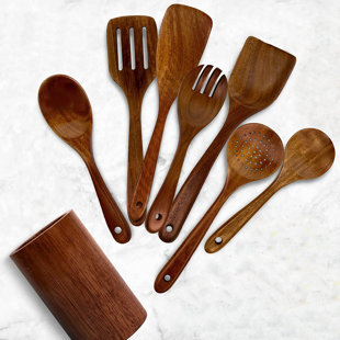 AIRPJ 8 -Piece Wood Cooking Spoon Set with Utensil Crock