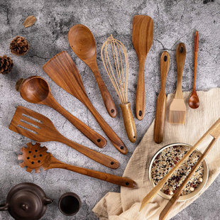 AIRPJ 12 -Piece Wood Cooking Spoon Set with Utensil Crock