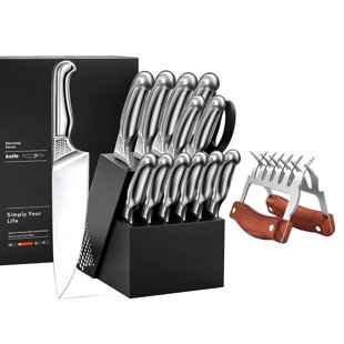 FLENC KAI 14pcs German Steel Knife Block Set with Built-in Sharpener and Barbecue Claw