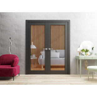 SARTODOORS Solid French Double Doors | Lucia 2166 Matte Black Clear Glass | Wood Solid Panel Frame Trims | Closet Bedroom