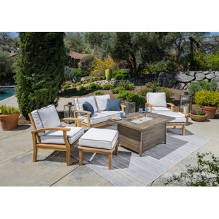 TORTUGA OUTDOOR Teak Fire Table Set Teak 4 - Person Outdoor Seating Group with Cushions